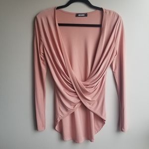 4/$25 Misguided Pink Faux Wrap Long Sleeve Blouse